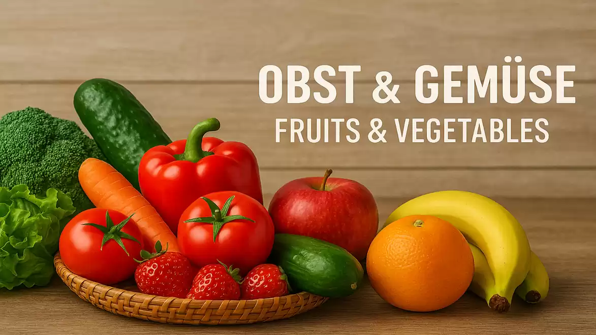 A basket with a variety of fruits and vegetables, including peppers, apples, oranges, bananas, and cucumbers, against a wooden background.