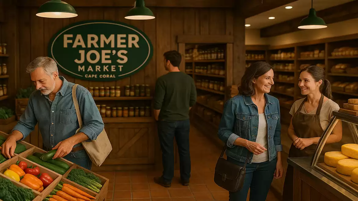 A cozy scene at Farmer Joe's Market with customers buying fresh vegetables and cheese, and happy people in conversations.