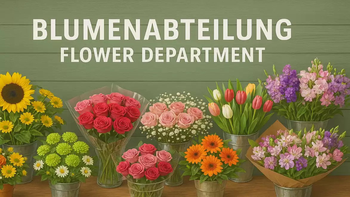 Various colorful flower bouquets in the flower department in front of a green wooden wall.