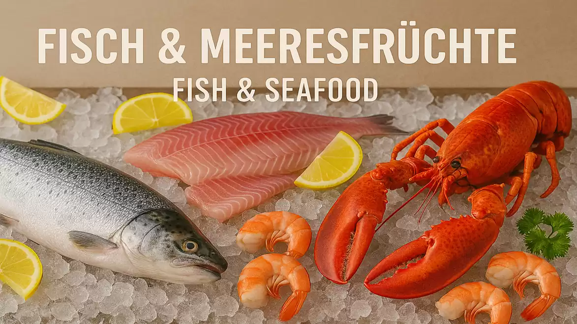 Fresh fish and seafood on ice with lemon wedges, including salmon, lobster, and shrimp.