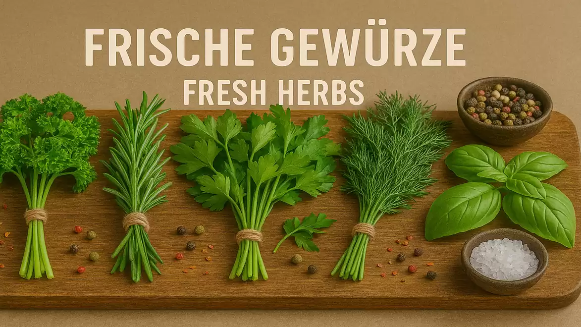 Image of fresh herbs on a wooden board, including parsley, rosemary, coriander, dill, and basil with bowls of peppercorns and coarse salt. The text 'Fresh Herbs' is displayed above.