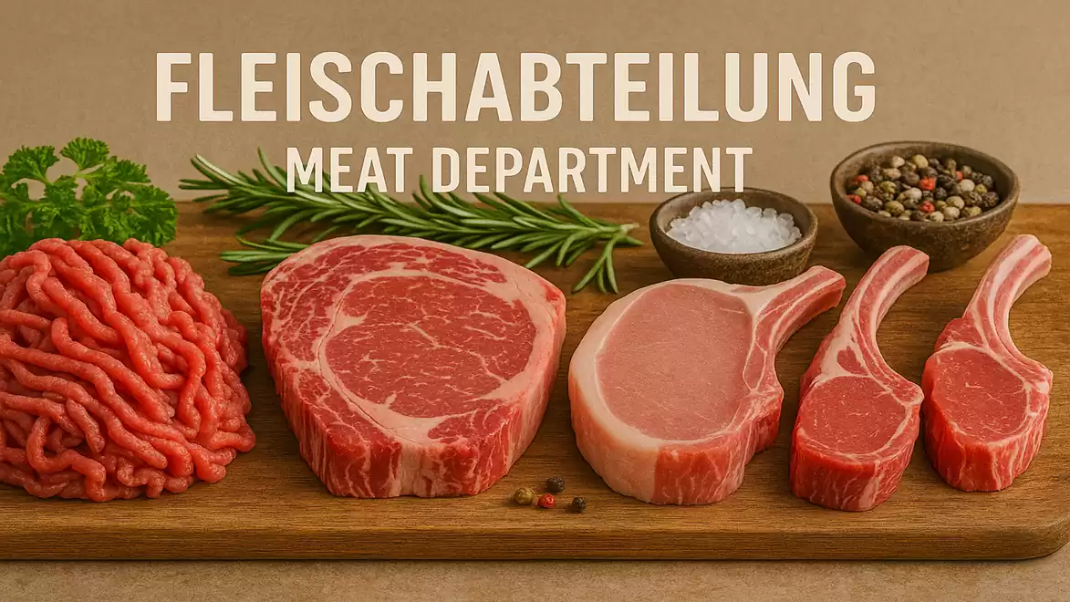 Various types of meat on a wooden board with fresh herbs and spices, under the title 'Meat Department'.