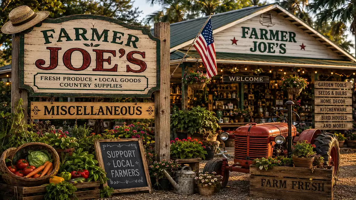 A rustic country store named Farmer Joe's featuring fresh produce, local goods, and farm supplies. A red tractor is decoratively placed in front of the entrance.