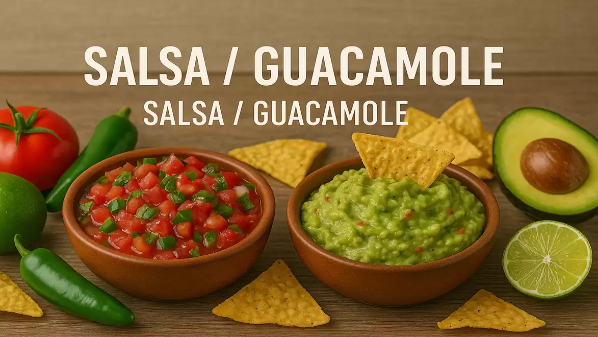 Wooden table with bowls of salsa and guacamole, surrounded by tomatoes, avocado, lime, chili, and tortilla chips.