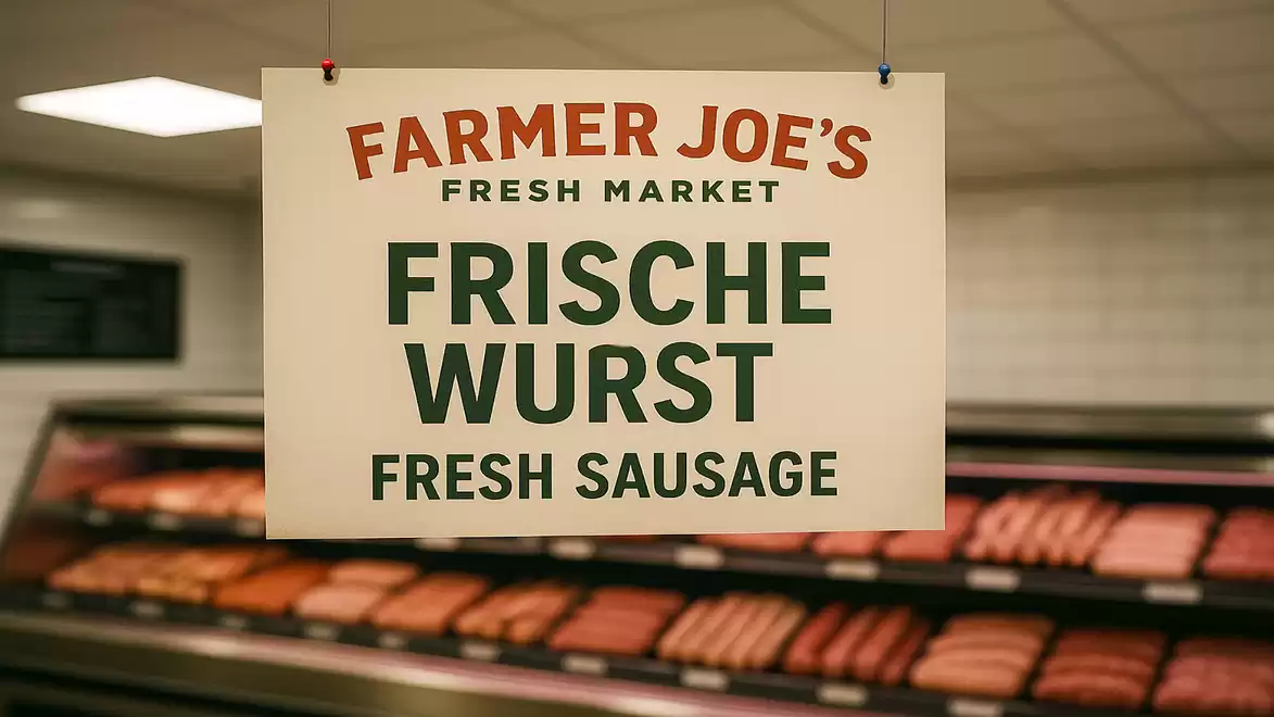 A sign reading 'Fresh Sausage' hangs in Farmer Joe's supermarket above the meat counter.