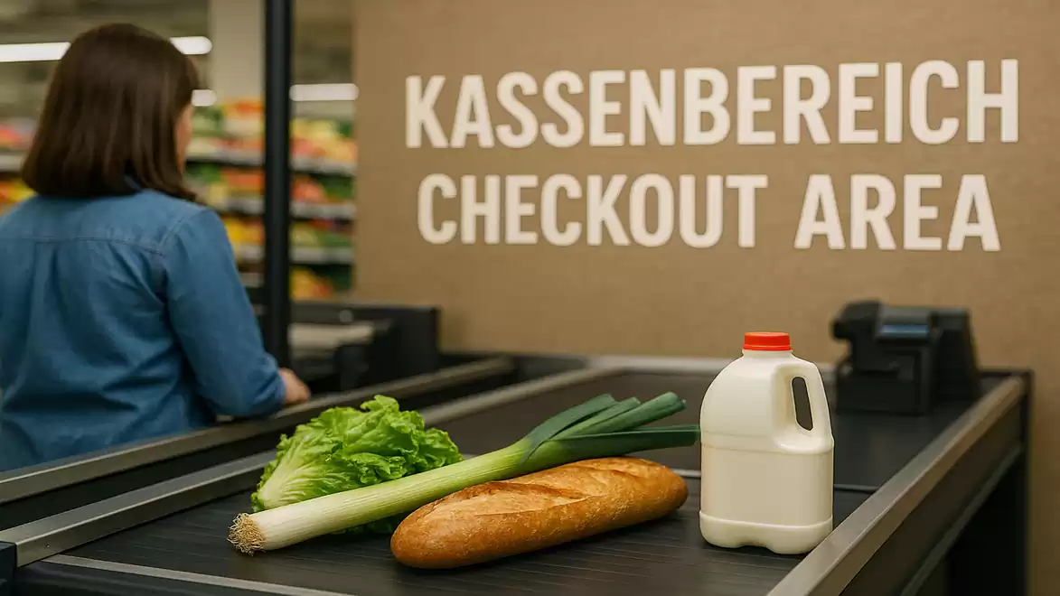 Supermarket checkout with groceries like lettuce, leek, baguette, and milk in the checkout area.