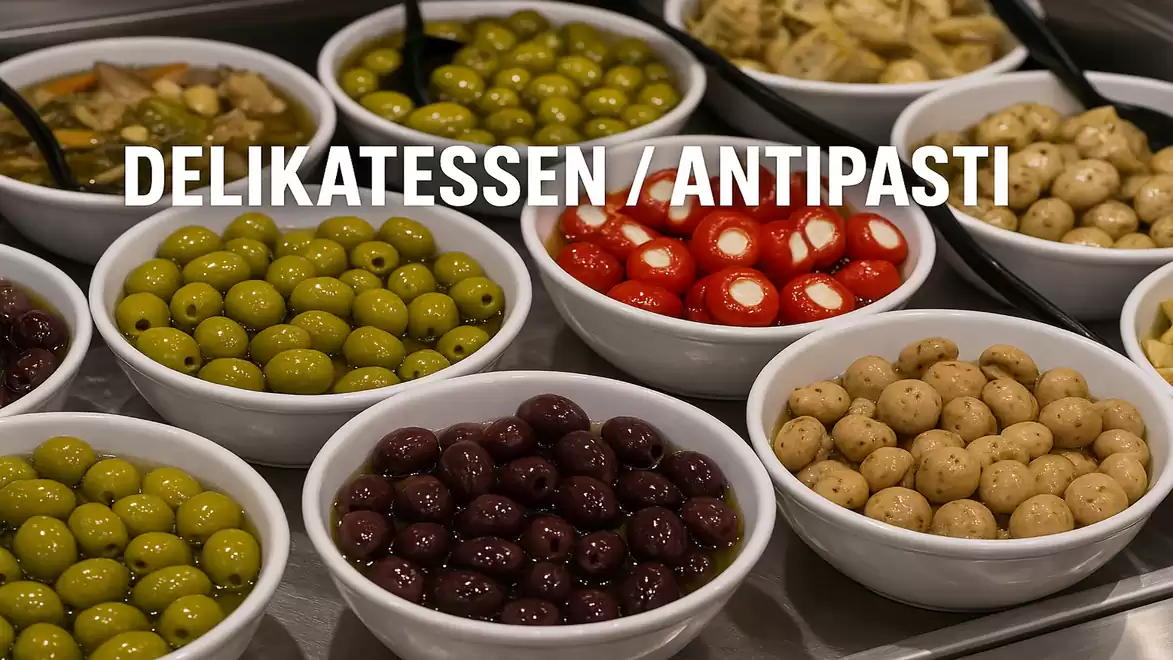 Various antipasti arranged in white bowls, including green and black olives and stuffed peppers.