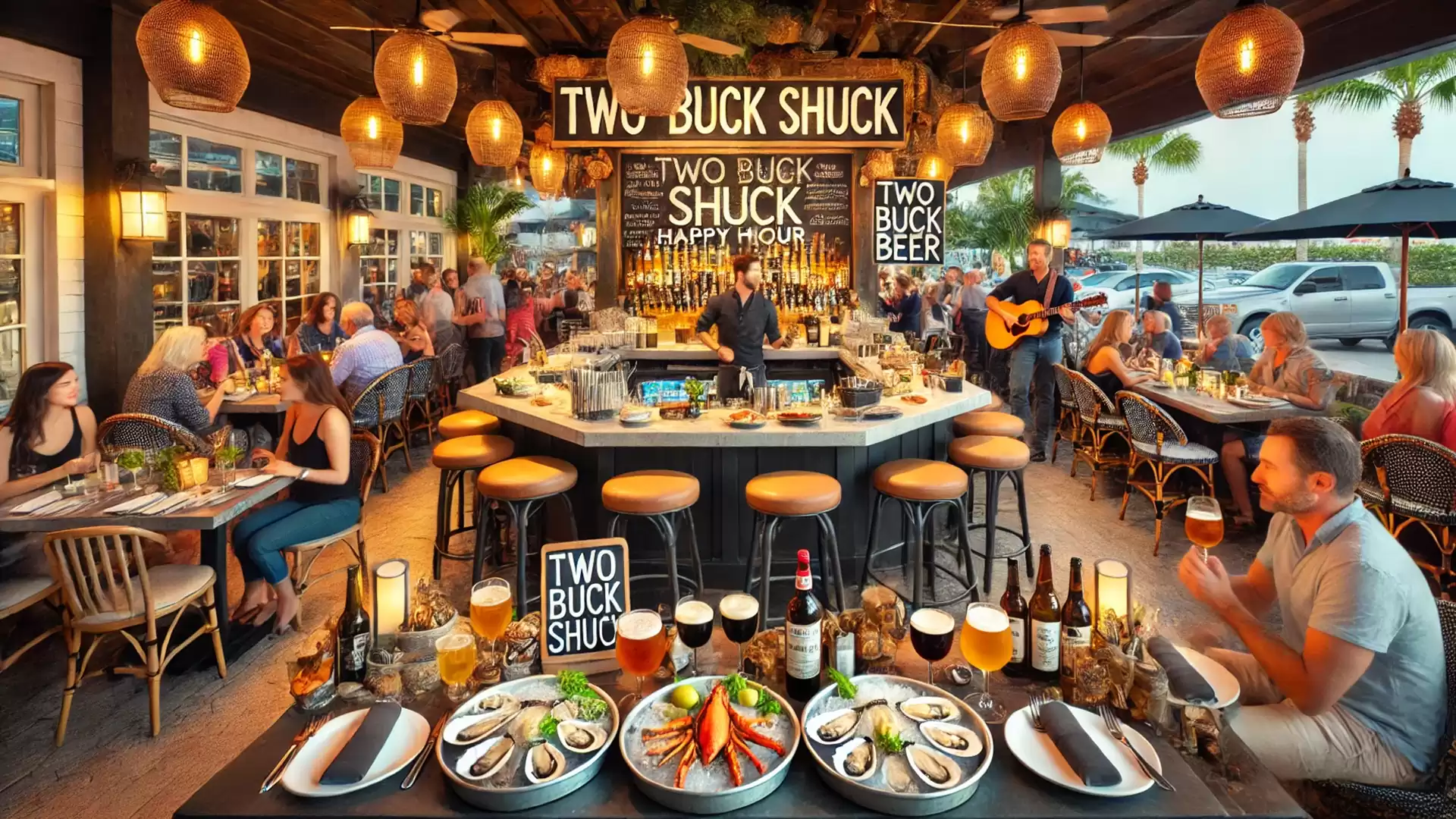 Cozy restaurant scene with people sitting at tables enjoying food and drinks. Bar in the background with lighting.
