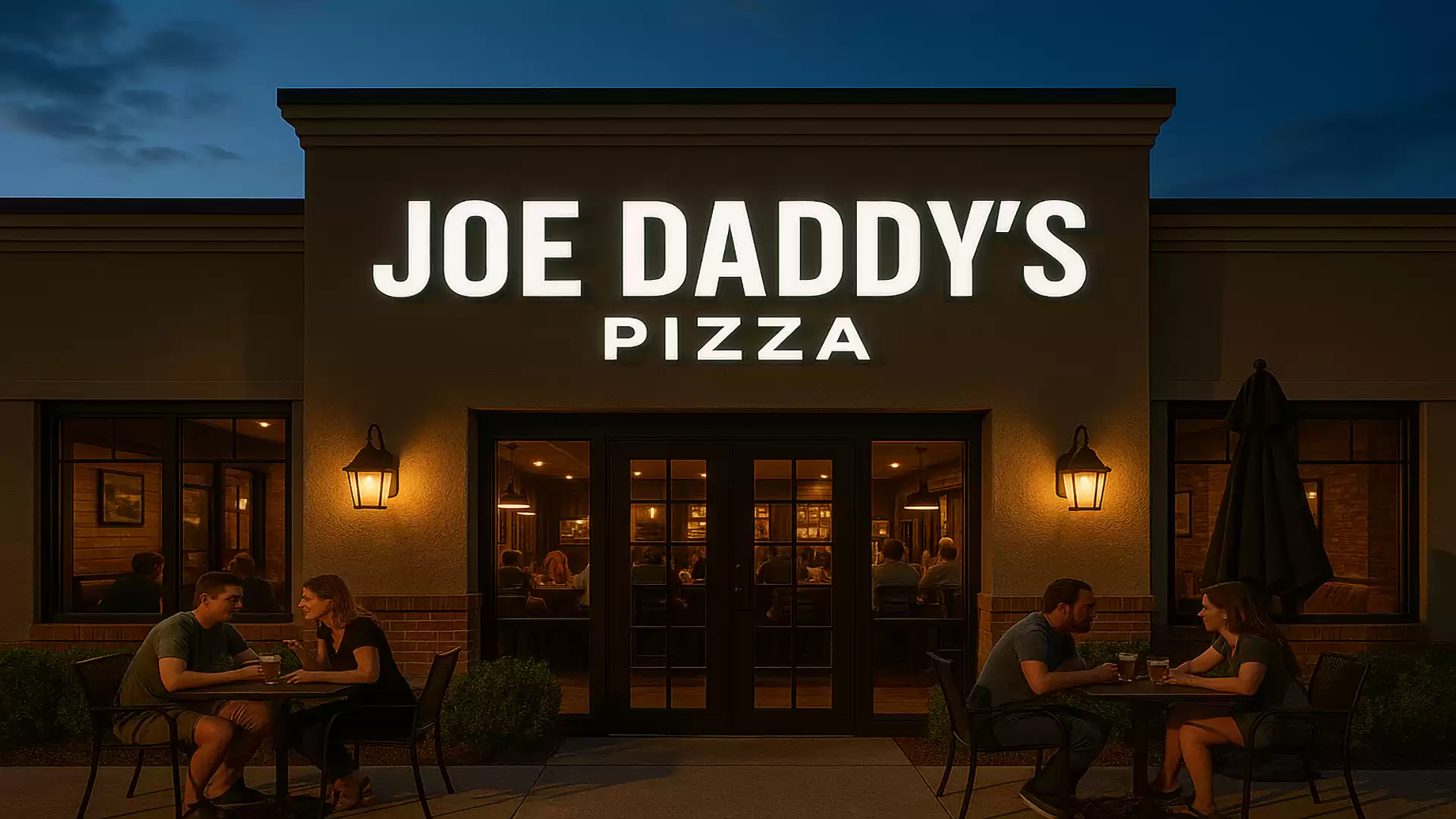 Exterior view of a pizza restaurant called Joe Daddy's Pizza in the evening, with guests sitting outside at tables.