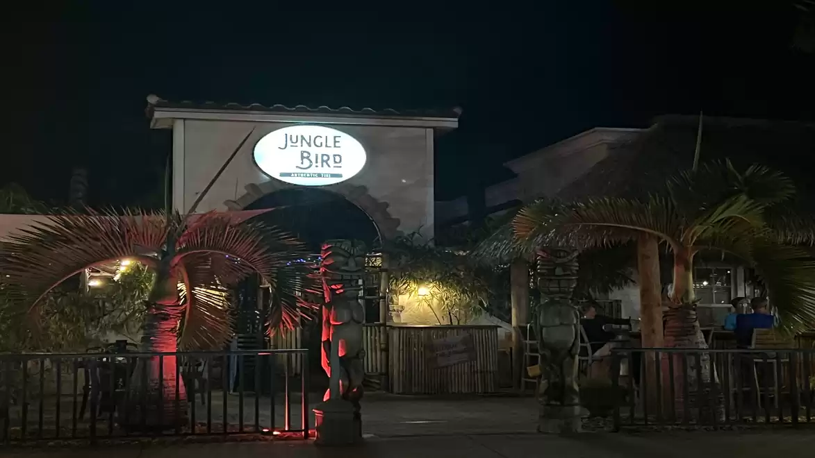 Night shot of a restaurant named Jungle Bird, illuminated by gentle lights, with palm trees in the foreground.