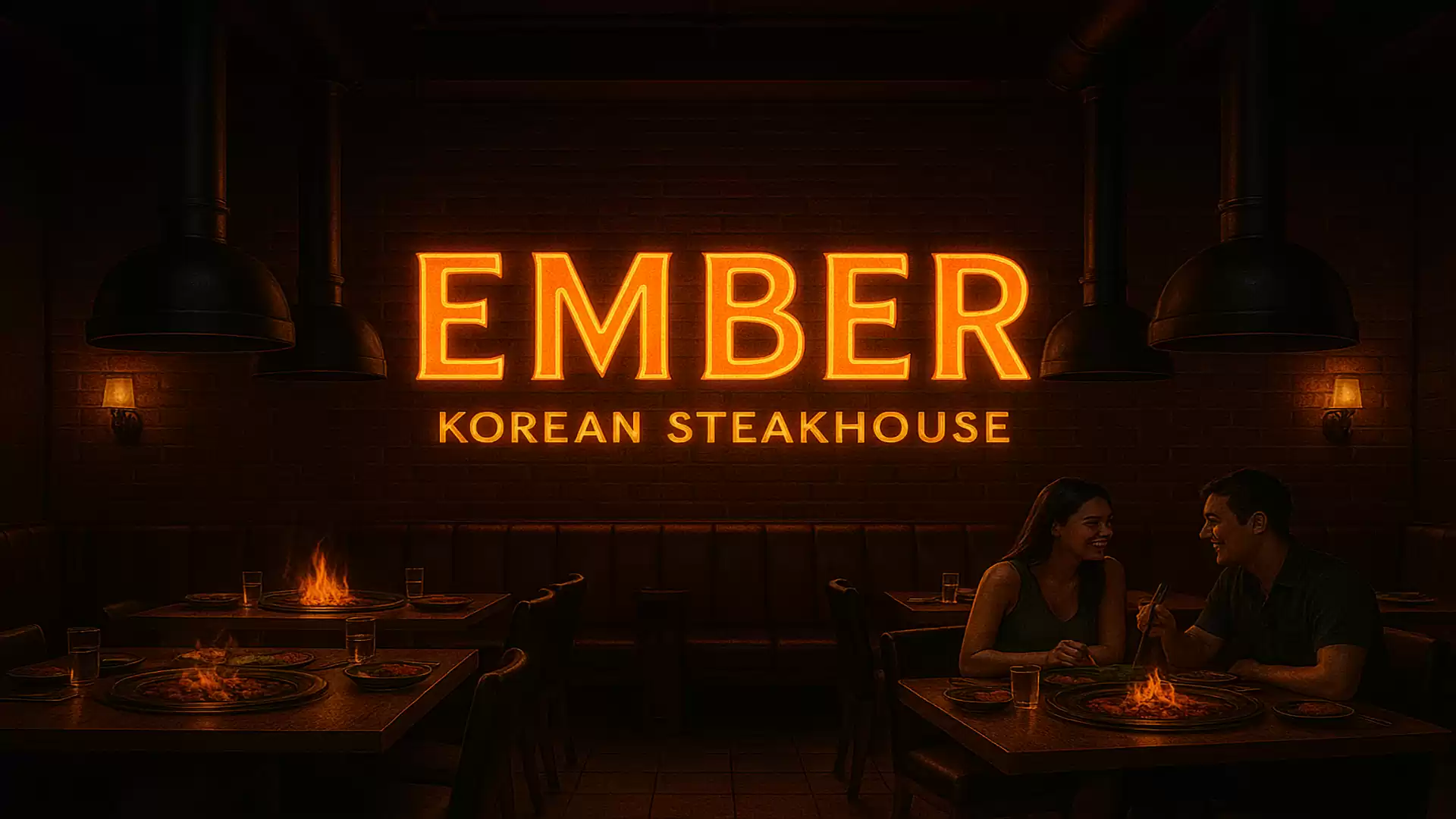 Dark restaurant with bright orange sign Ember Korean Steakhouse, a couple sitting at a table with flickering flame.