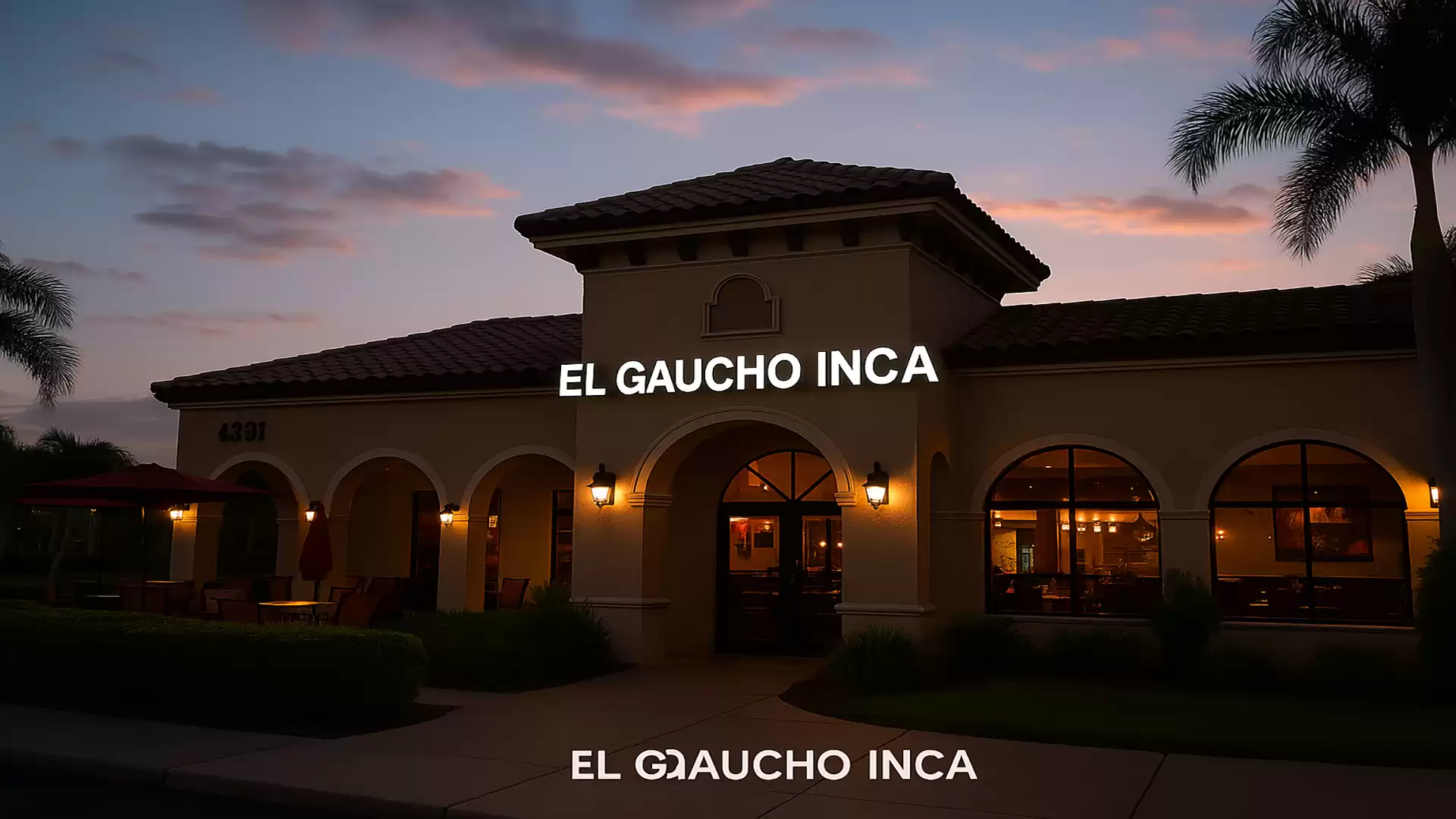 A restaurant building named 'El Gaucho Inca' at sunset, surrounded by palm trees.