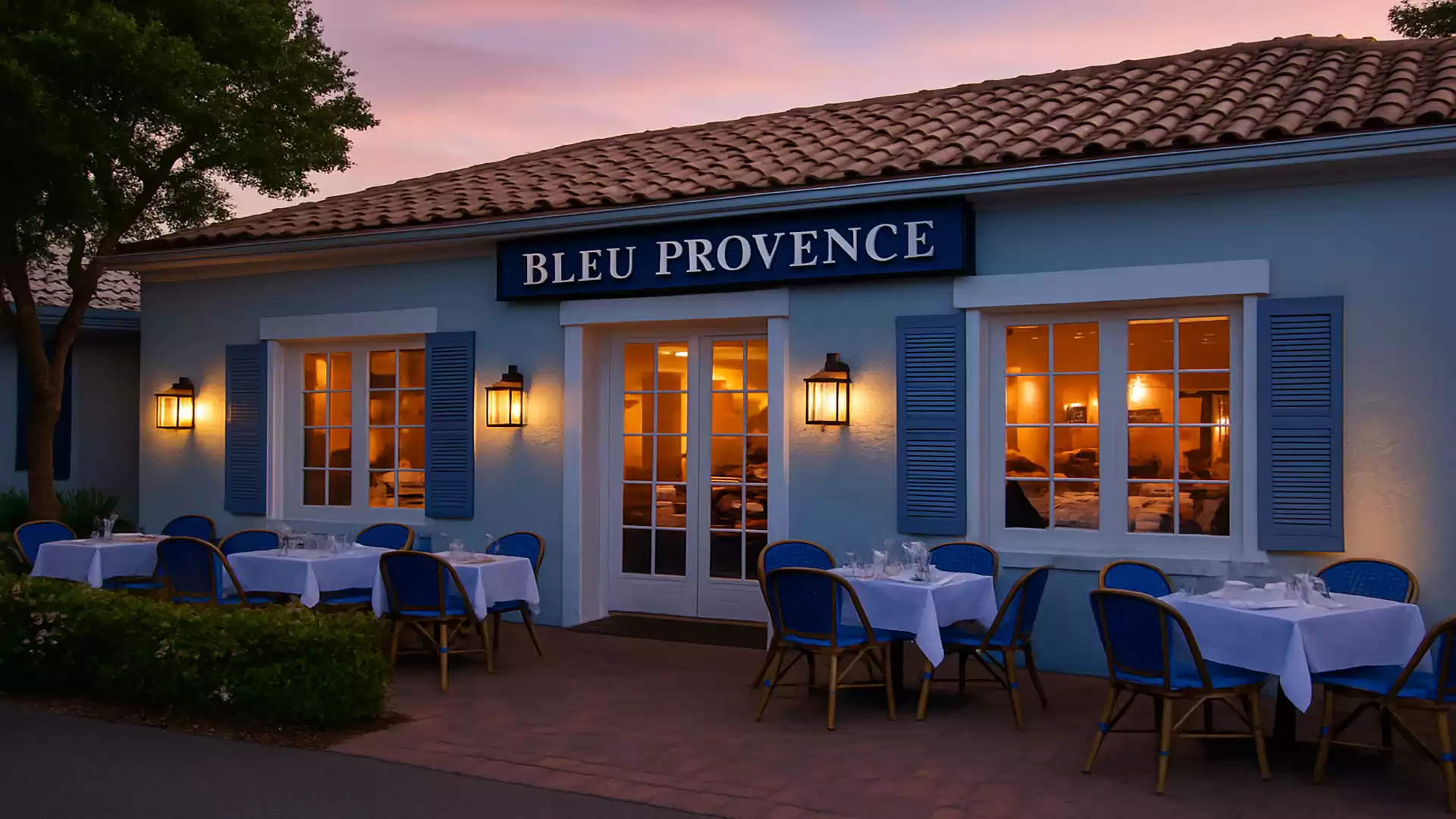 A charming French restaurant with a blue facade and set tables outside, illuminated at dusk.