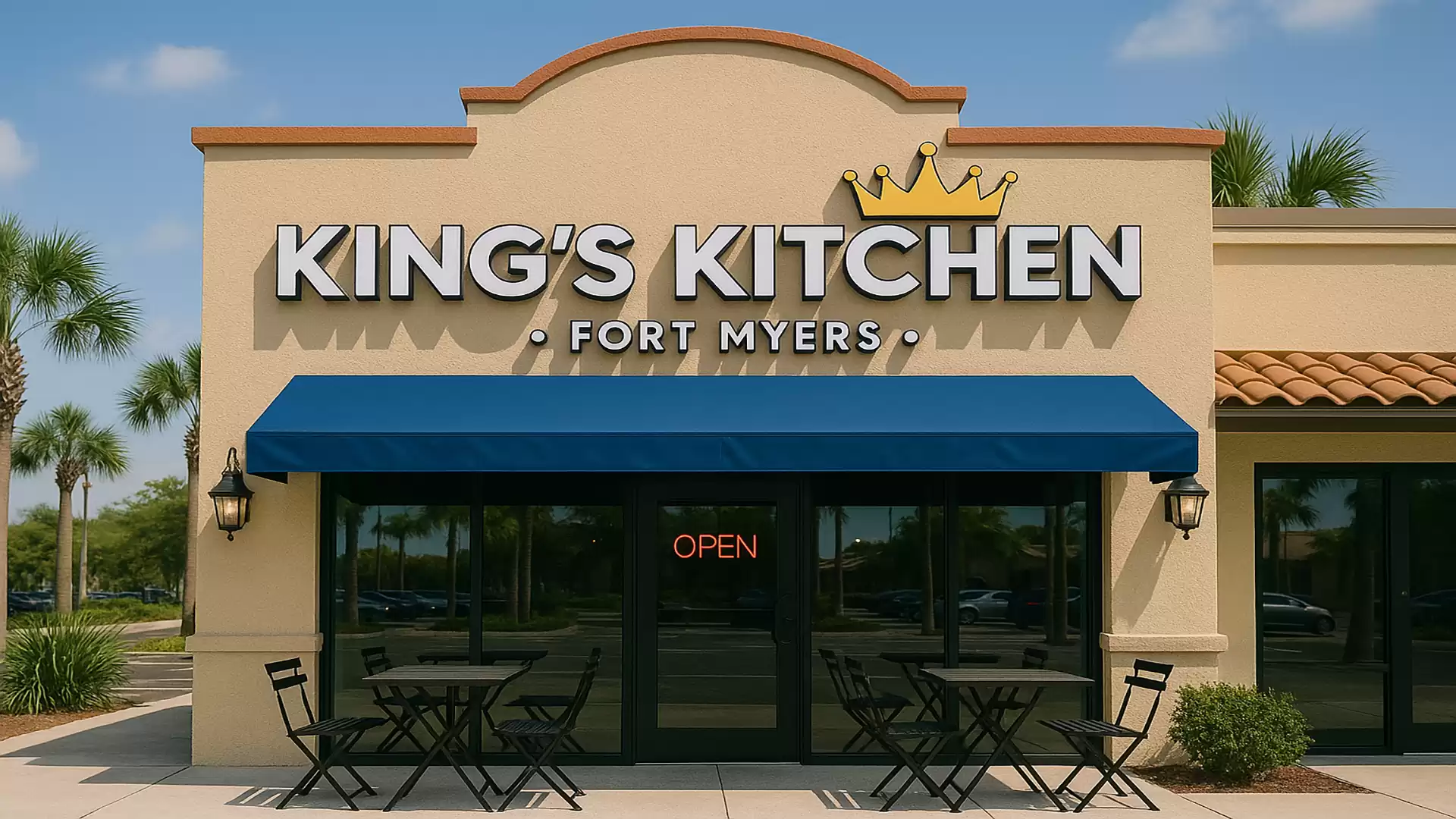 Front view of a restaurant named King's Kitchen in Fort Myers, with a blue awning and tables in front.