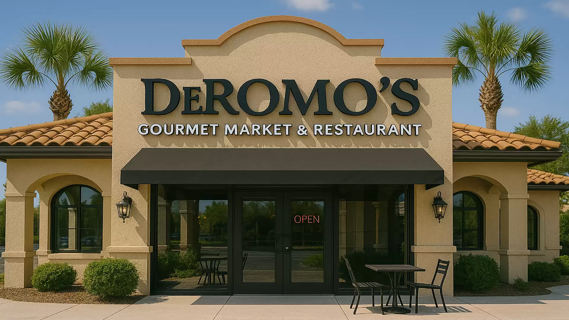 Exterior view of a gourmet market and restaurant with palm trees in the background.