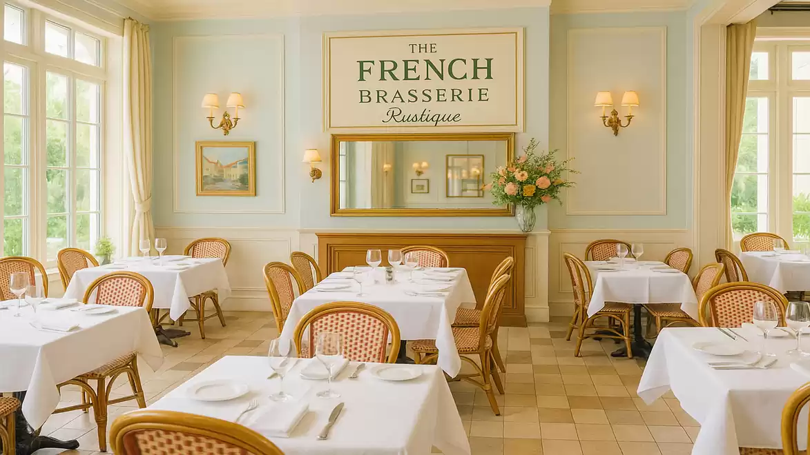 Elegant French brasserie restaurant with traditional wooden chairs, white tablecloths, and floral decoration.