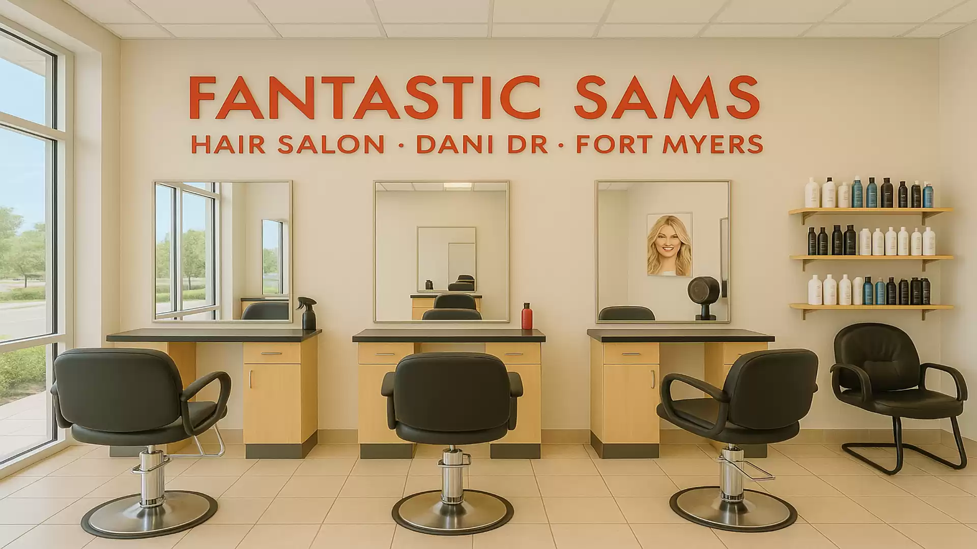 Hair salon with modern interior, three styling stations, and a wall shelf with hair care products.