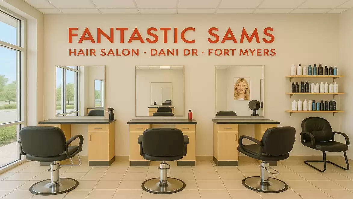 Hair salon with modern interior, three styling stations, and a wall shelf with hair care products.