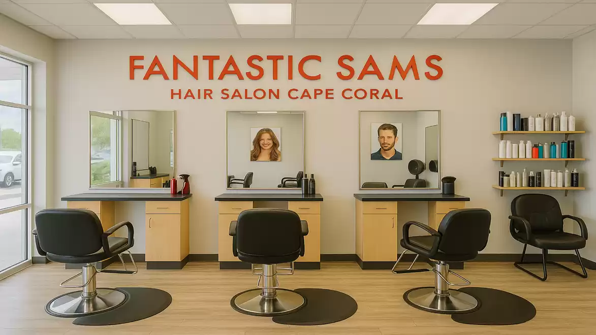 Interior view of a modern hair salon with three workstations and shelves full of products. The name 'Fantastic Sams Hair Salon Cape Coral' is visible on the wall.