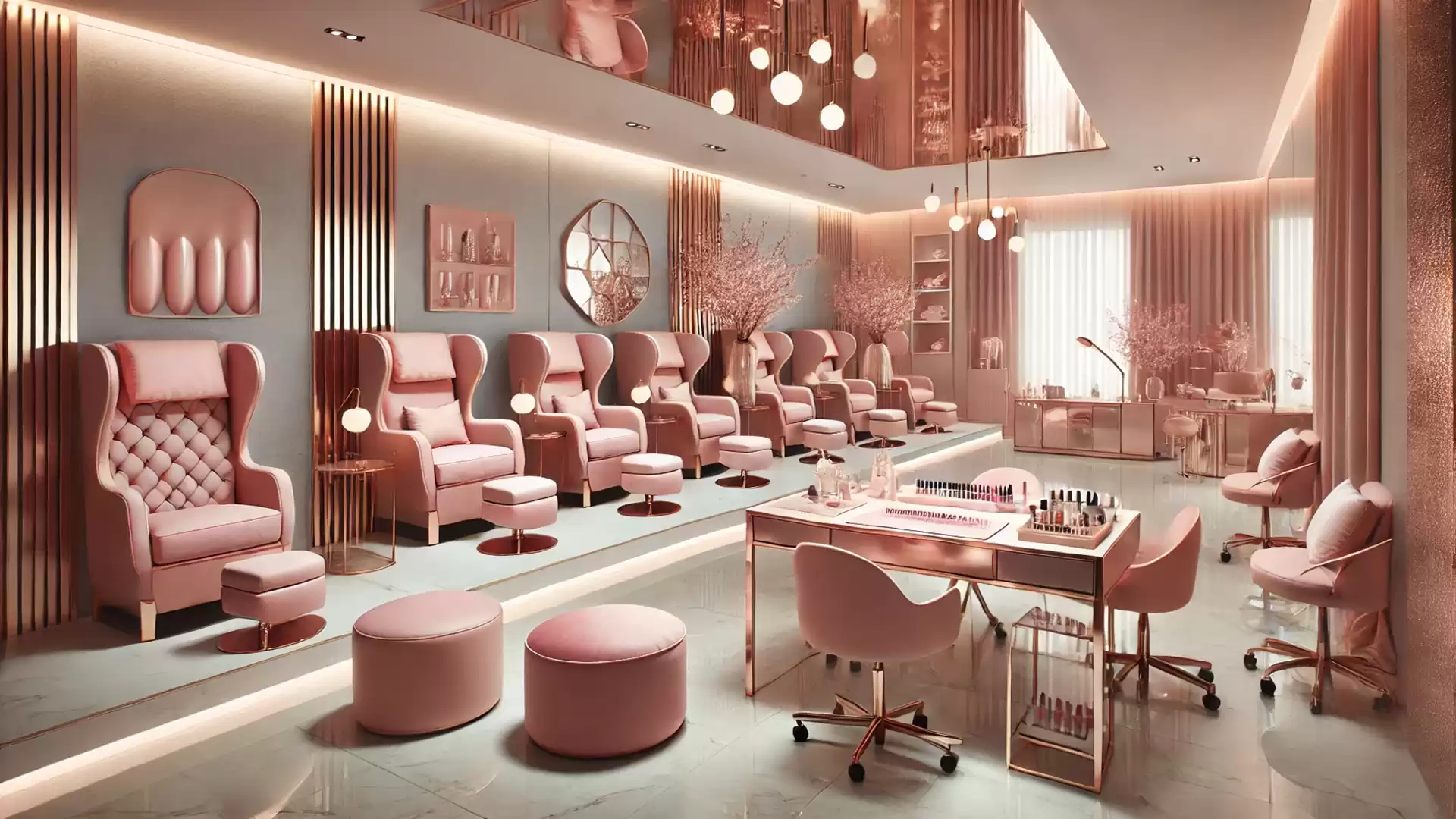 Elegant beauty salon with pink and gold interior design, featuring several stylish chairs and a table, along with modern decorative elements.