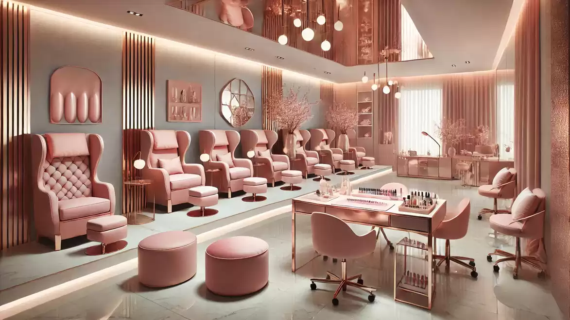 Elegant beauty salon with pink and gold interior design, featuring several stylish chairs and a table, along with modern decorative elements.