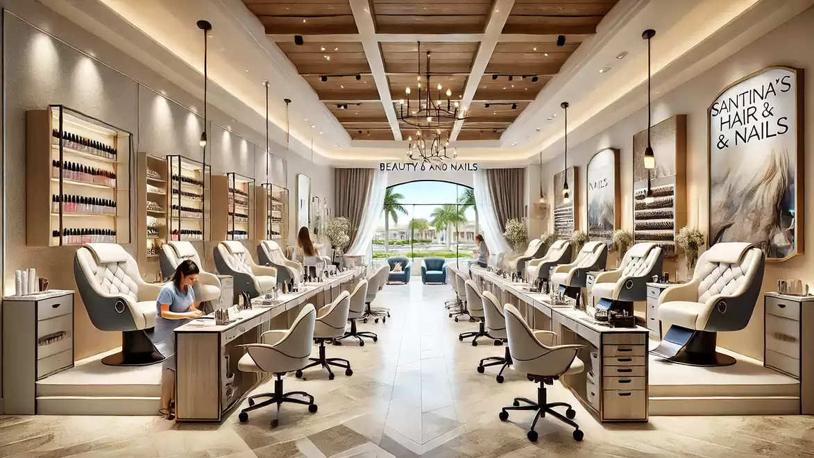 Interior view of a modern beauty salon with stylish furniture and a large window overlooking palm trees.