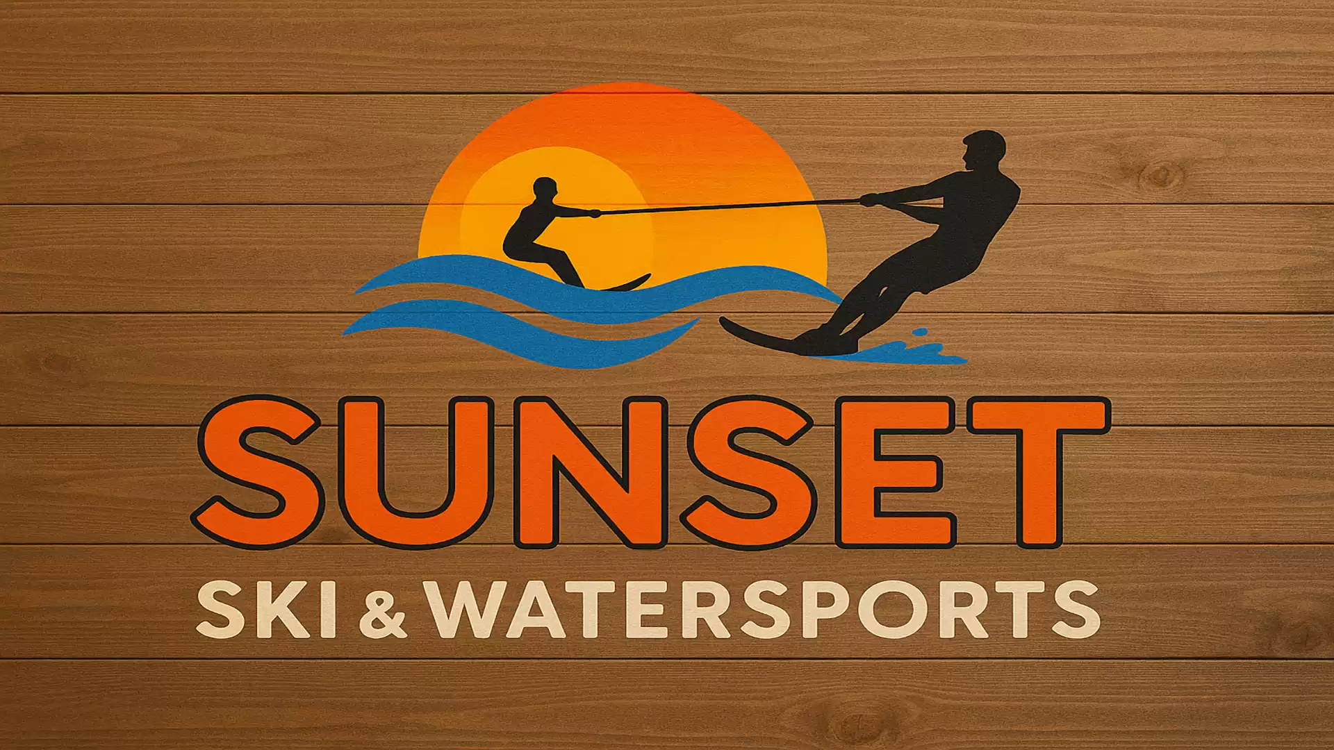 Logo of Sunset Ski & Watersports featuring silhouettes of watersport enthusiasts against a sunset on wood texture.