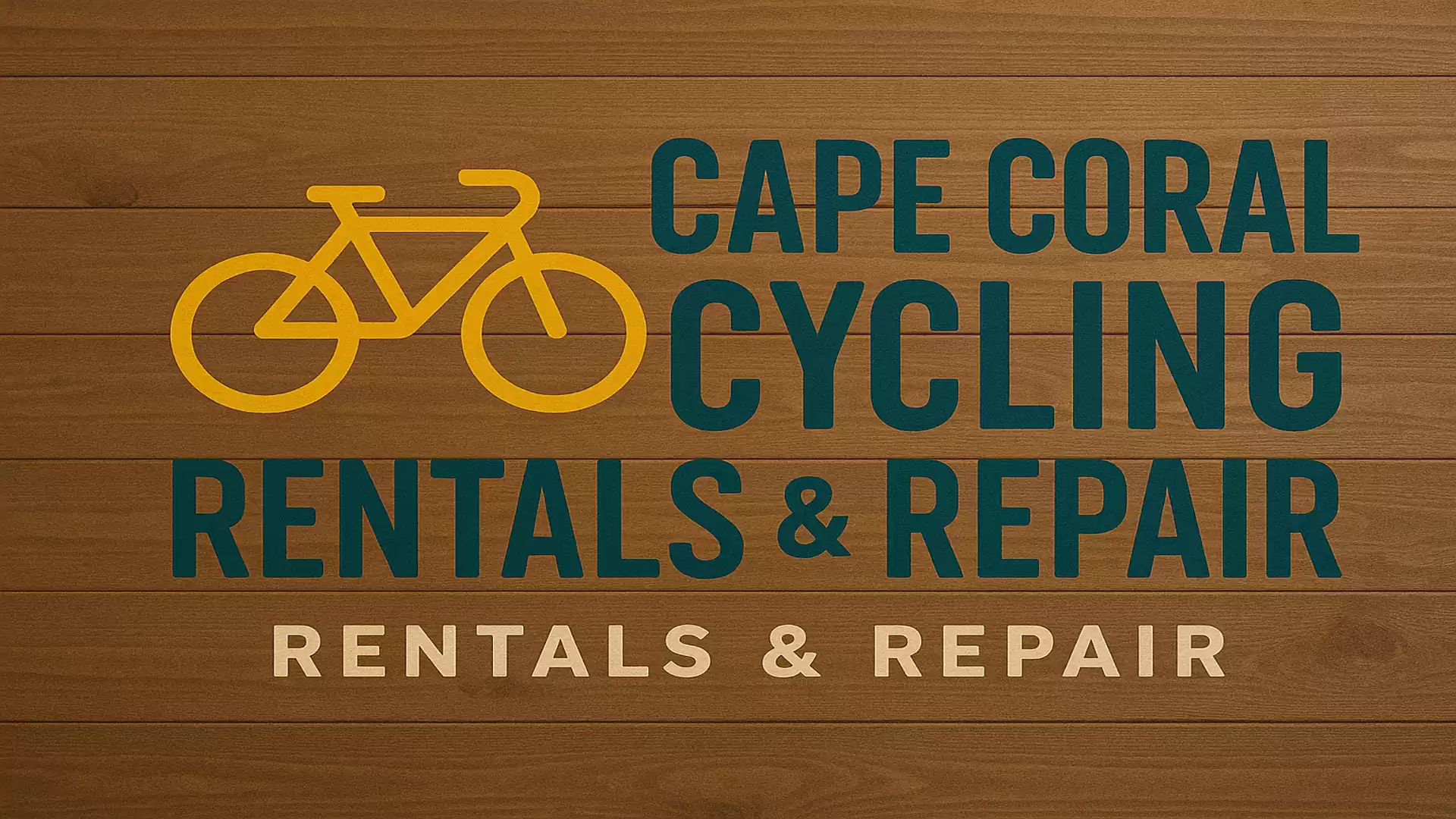 Wooden background with yellow bicycle icon and text: Cape Coral Cycling Rentals & Repair.