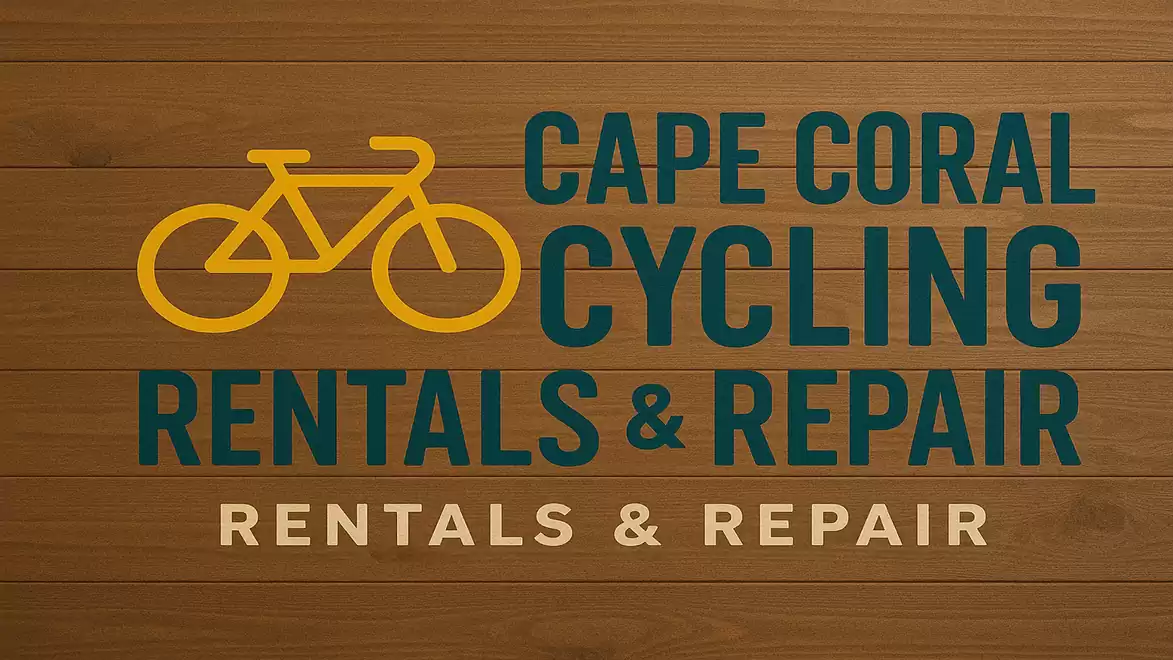 Wooden background with yellow bicycle icon and text: Cape Coral Cycling Rentals & Repair.