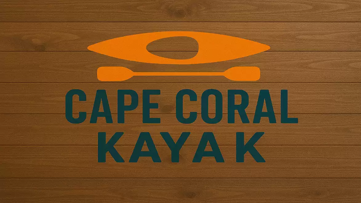 Cape Coral Kayak logo with orange kayak symbol on brown wood.