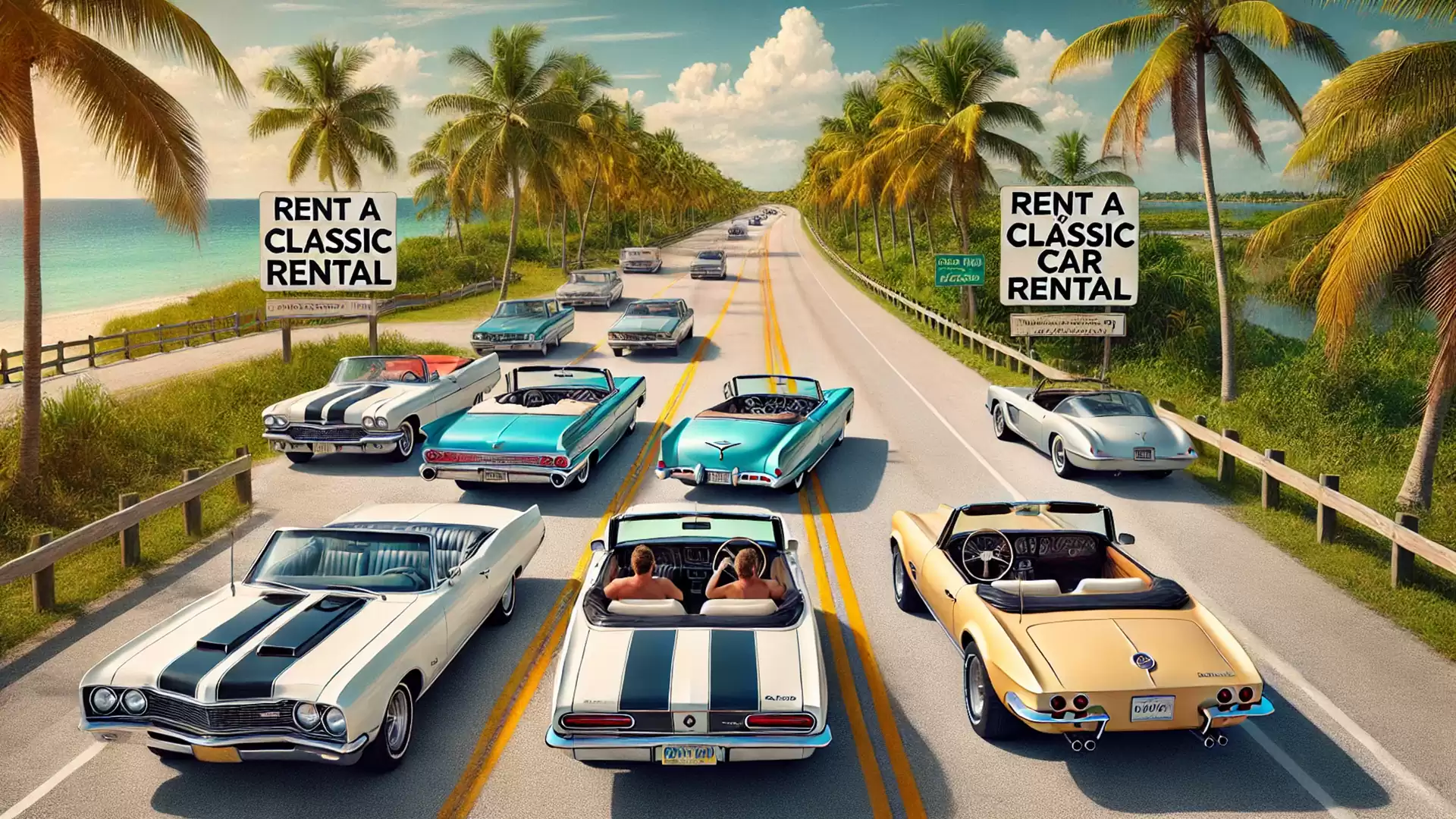 A road lined with palm trees featuring classic cars and two rental car advertisement signs.