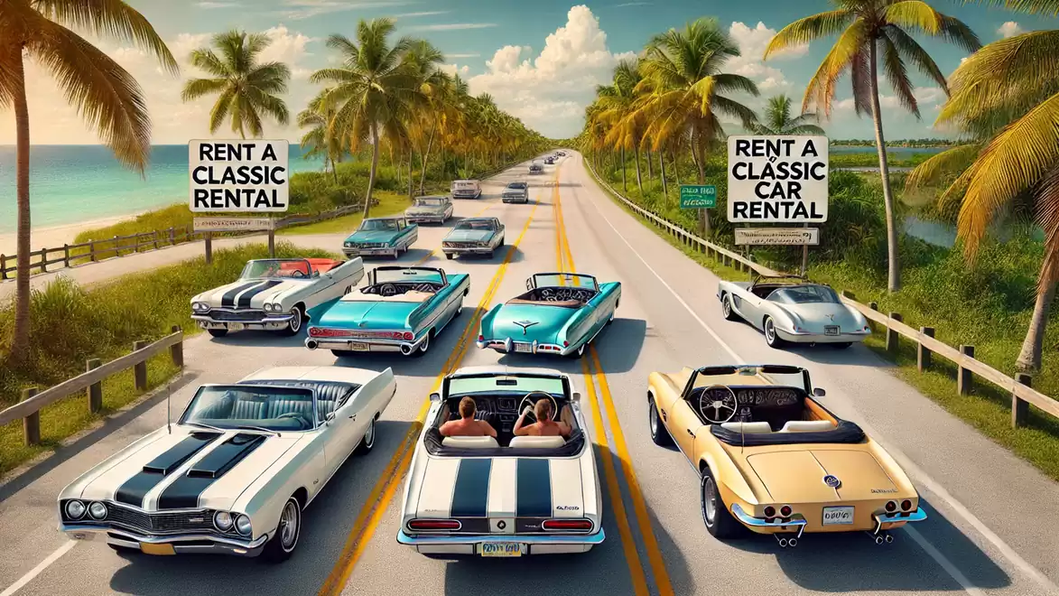 A road lined with palm trees featuring classic cars and two rental car advertisement signs.