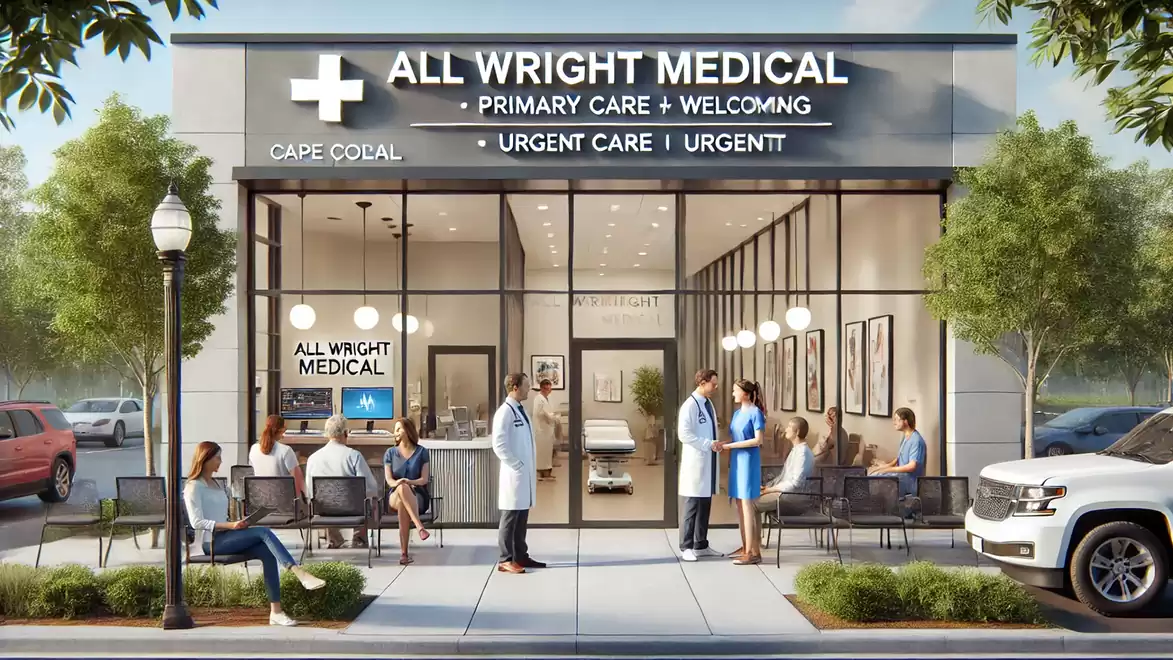 Doctors and patients outside a medical facility with the sign 'All Wright Medical'.