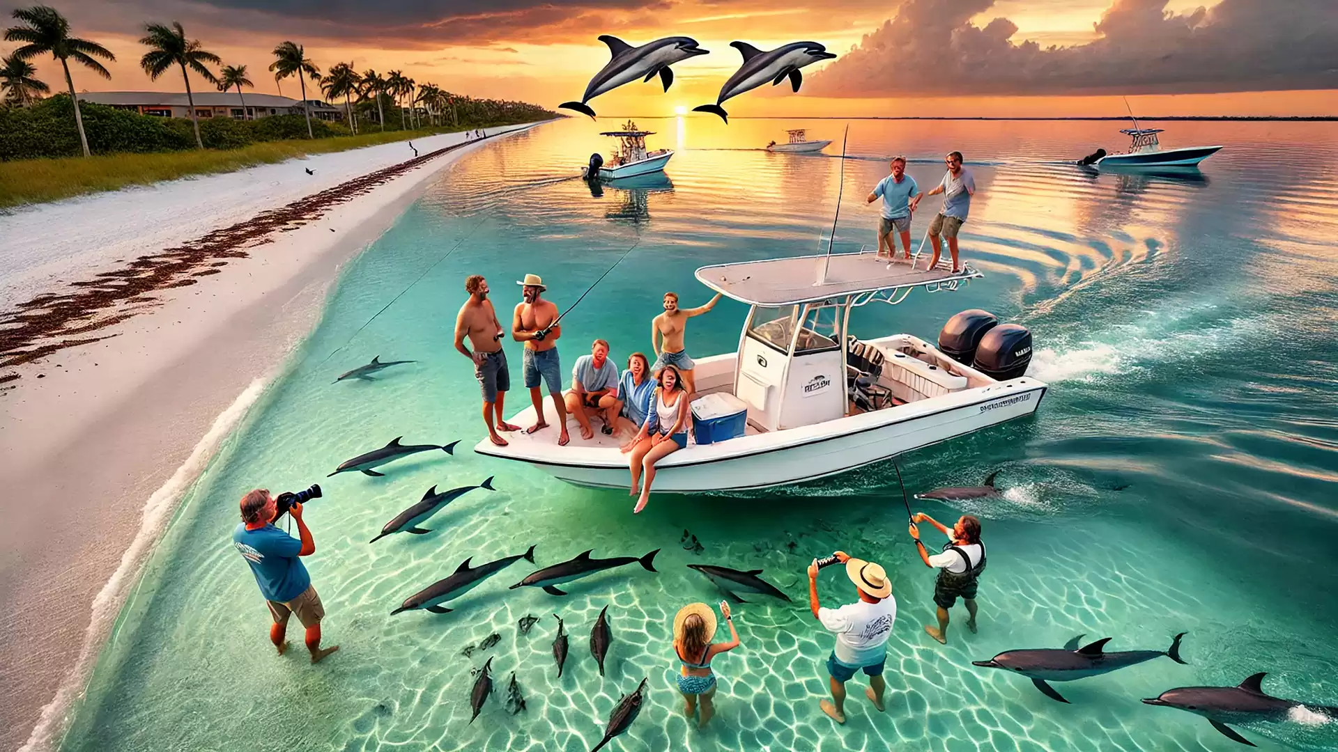 People on a boat in clear water, surrounded by dolphins under a colorful sunset sky.