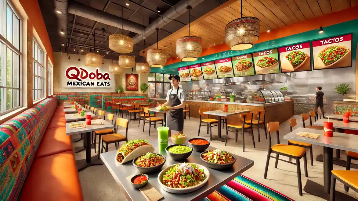 Vibrant Mexican restaurant Qdoba with inviting decor, vivid colors, and a variety of dishes on the tables.