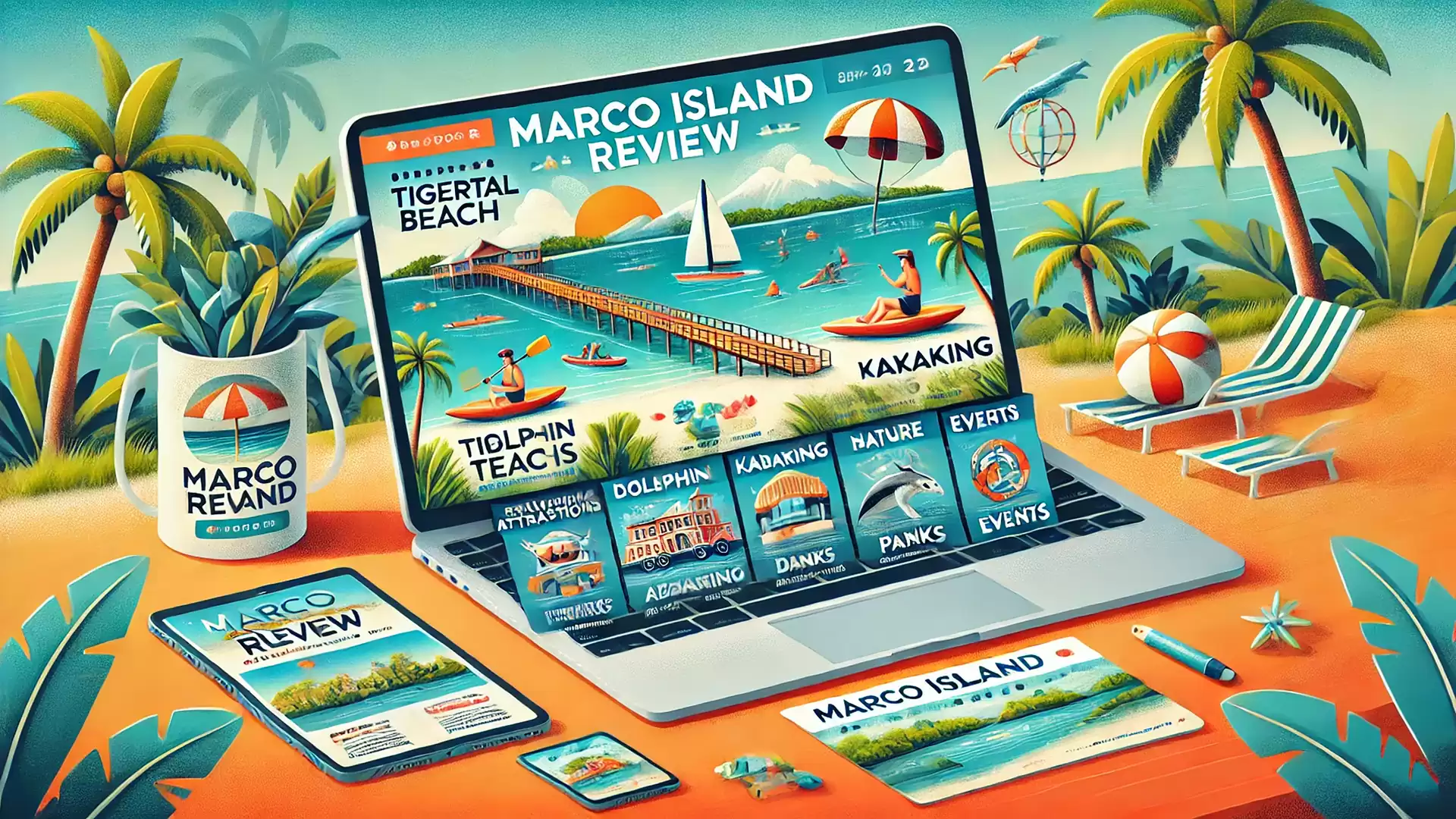 Illustration of a tropical beach scene featuring a laptop displaying details about Marco Island. A sunny beach with loungers and palm trees surrounds the laptop.