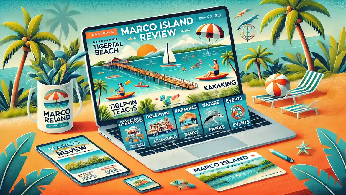 Illustration of a tropical beach scene featuring a laptop displaying details about Marco Island. A sunny beach with loungers and palm trees surrounds the laptop.