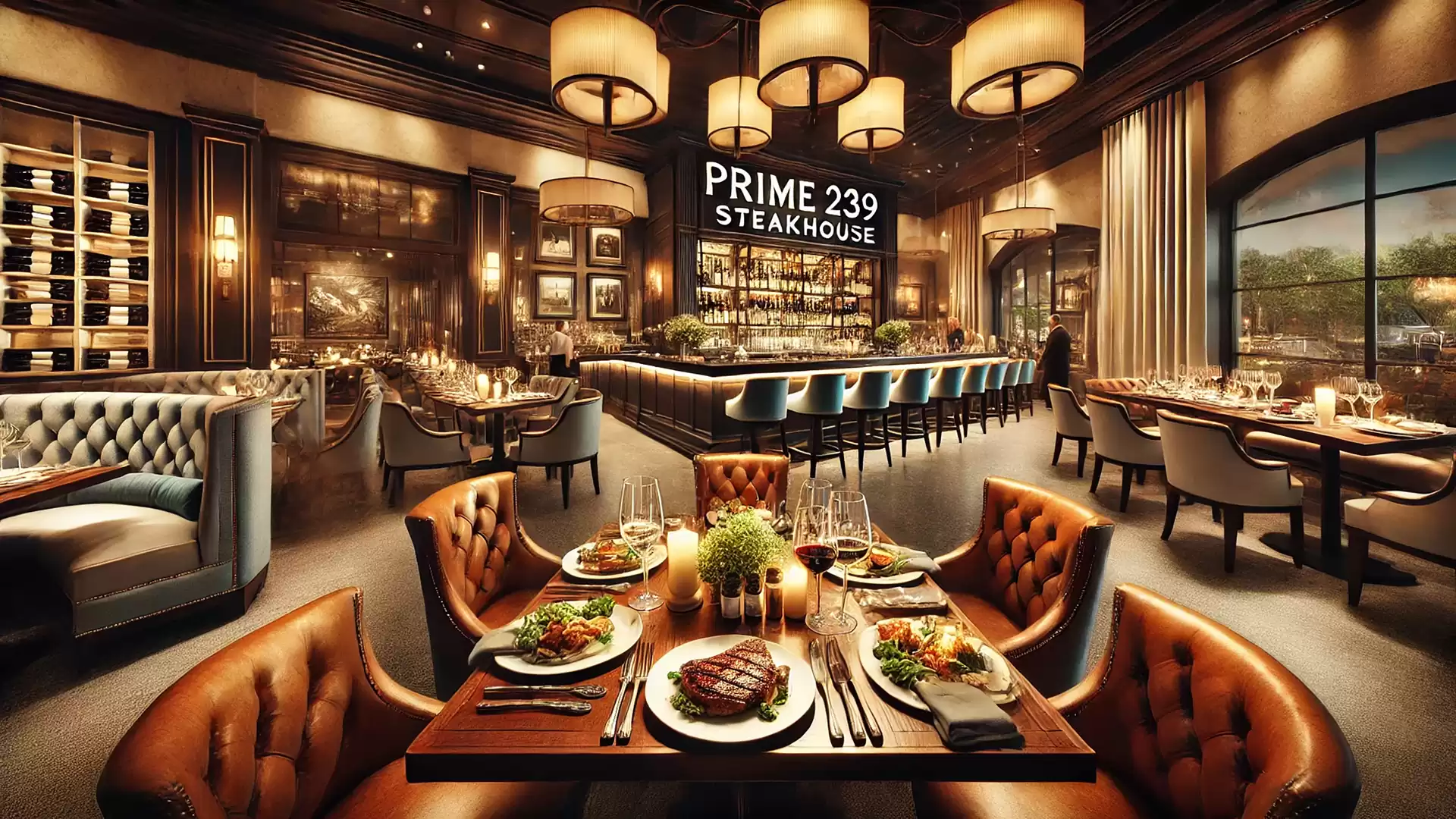 Elegant steakhouse interior with a set table in the foreground and dim lighting.
