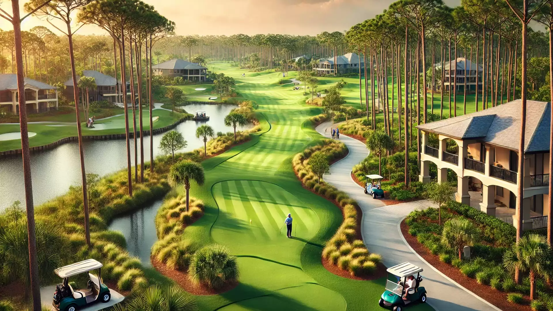 A picturesque golf course with lush greens, surrounded by trees and waterways, with luxurious villas visible in the background.