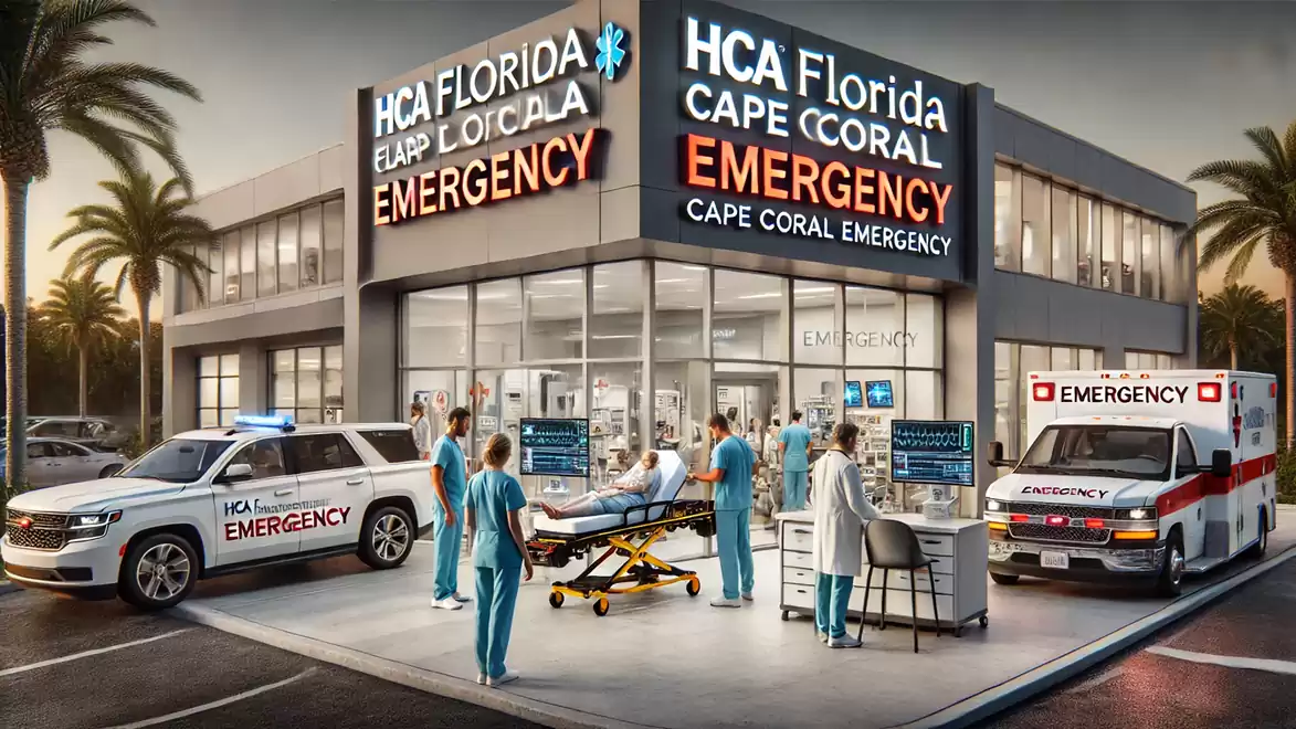 Doctors and nursing staff attend to a patient on a stretcher in front of HCA Florida Cape Coral Emergency Center. Ambulances and a hospital building are visible in the background.