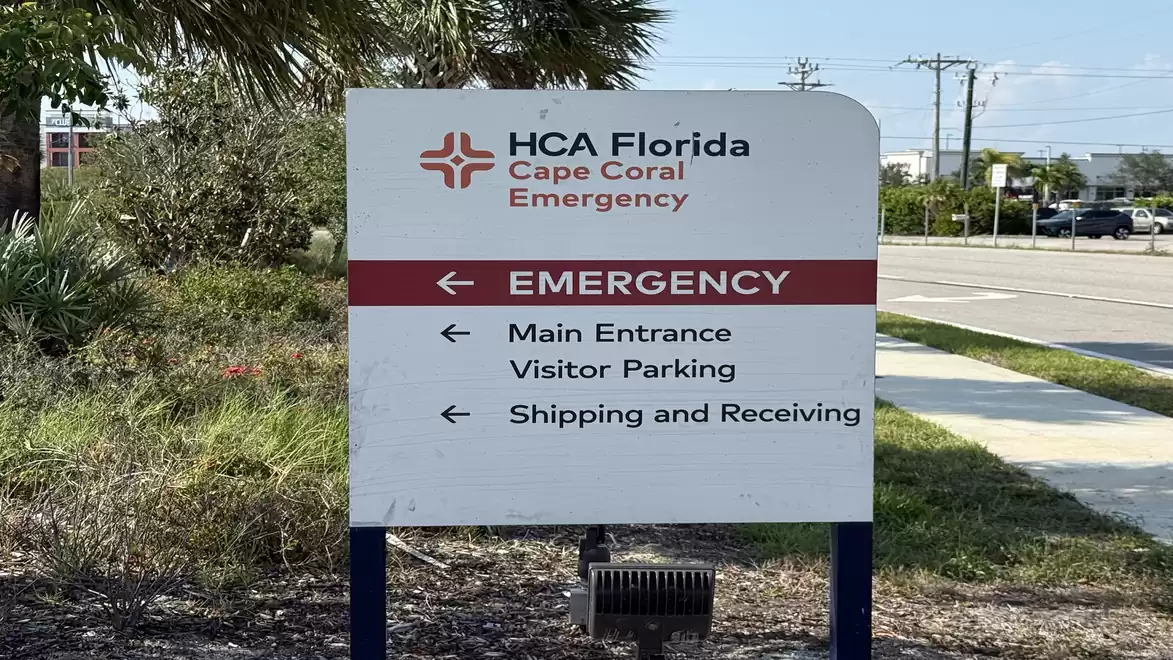 A sign at HCA Florida Cape Coral directs to the emergency room, main entrance, visitor parking, and shipping and receiving.