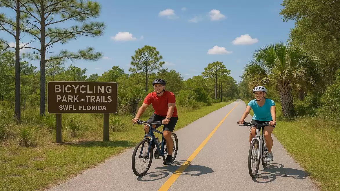 Two people cycling on a paved path in a Florida park. Signs indicate bicycle trails.