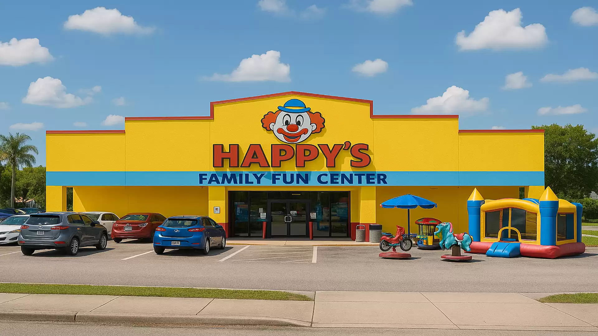 Yellow building with clown logo of Happy's Family Fun Center, surrounded by parked cars and inflatable play structures.