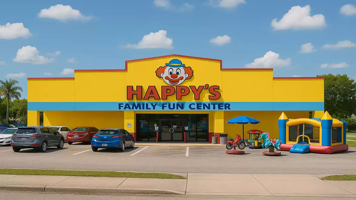Yellow building with clown logo of Happy's Family Fun Center, surrounded by parked cars and inflatable play structures.