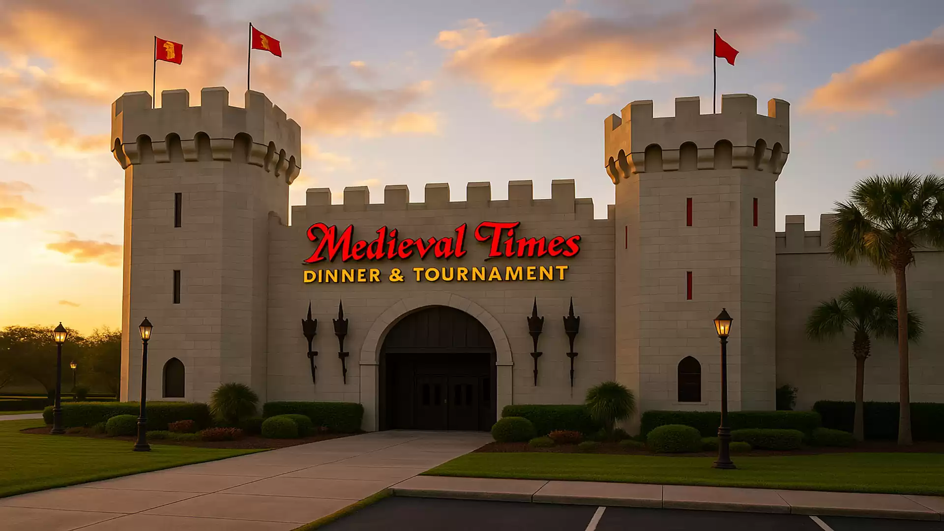 Castle-like building with two towers at sunset, flags flying on the towers. Text on the building: 'Medieval Times Dinner & Tournament'.