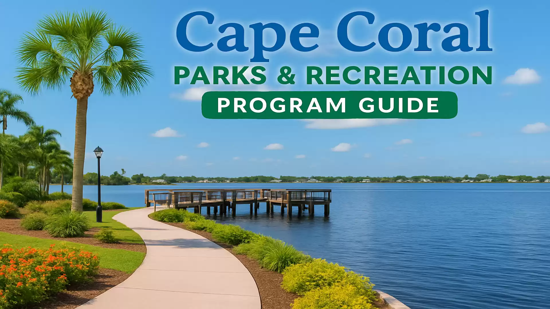 A walking path with palm trees and a dock by the water, with text 'Cape Coral Parks & Recreation Program Guide' above it.