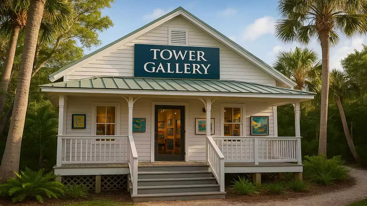 White building with a sign 'Tower Gallery', surrounded by palm trees, typical of a tropical climate.