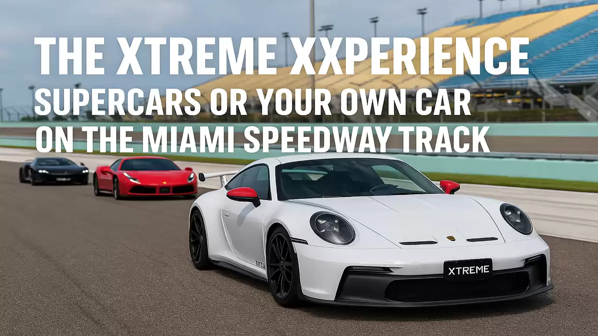 Three sports cars on the Miami Speedway track with the text 'The Xtreme Xxperience' in the background.