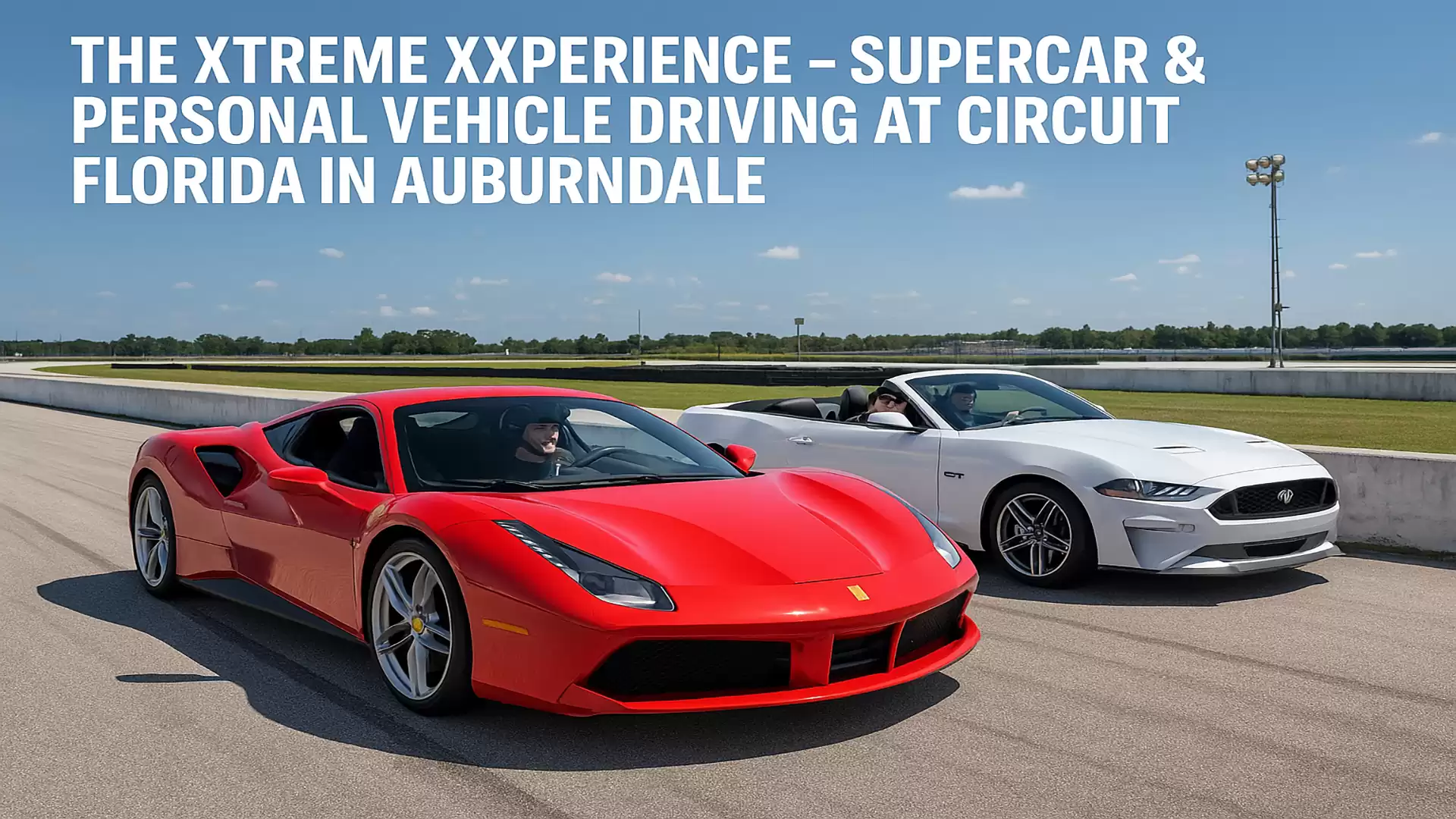 Two sports cars on a Florida racetrack with text about a driving experience event.