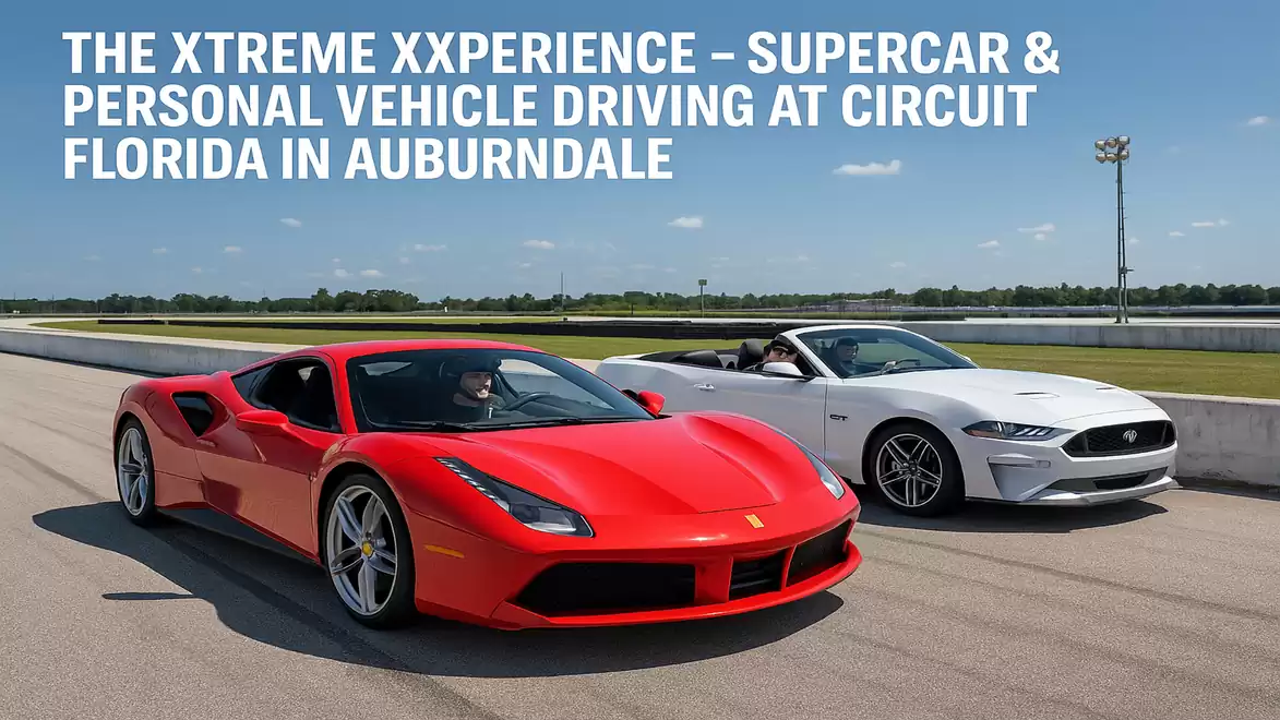 Two sports cars on a Florida racetrack with text about a driving experience event.